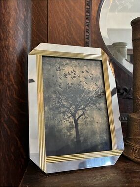 Vintage Jennifer Moore Art Deco Silver Gold Metal Frame Halloween Birds Tree 6.5